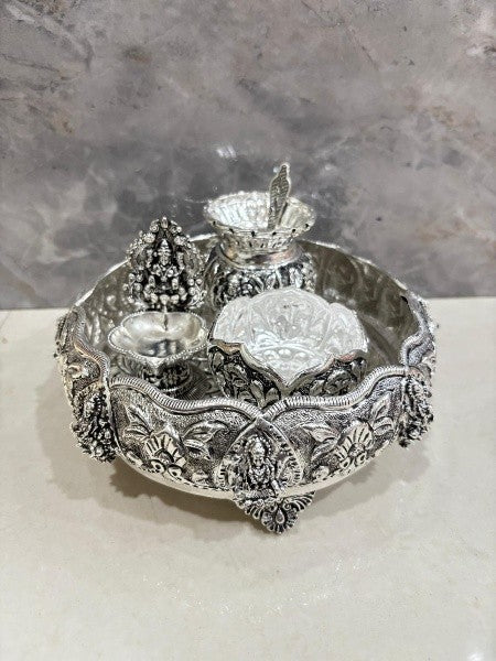 silver plated antique finish pooja thali urli set for diwali/ housewarming/ gift item/ home décor